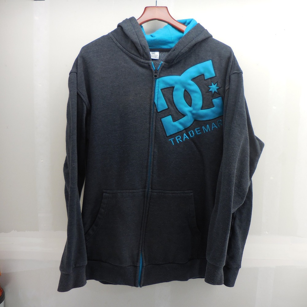 DC Shoes Mens XXL Full Zip Hoodie Charcoal Gray Turquoise Blue Logo Sweatshirt